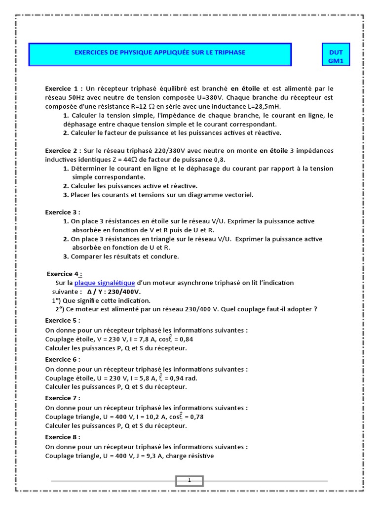 Calcul De Puissance En Triphasé 380v Exercice Triphase | PDF | Impédance (électricité) | Puissance apparente
