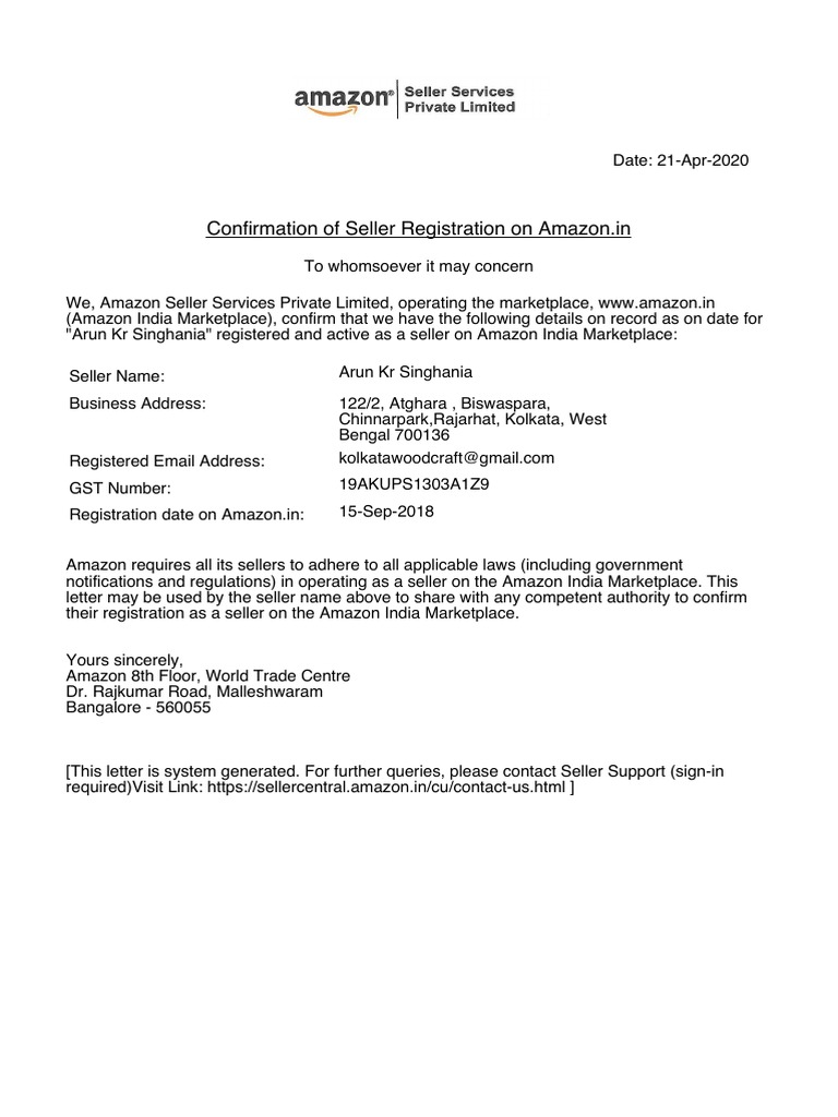 Confirmation of Seller Registration On Amazon - in | PDF