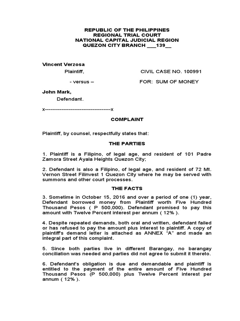 Practice Court 1 COMPLAINT FOR SUM OF MONEY IN Re - To Exam | PDF ...