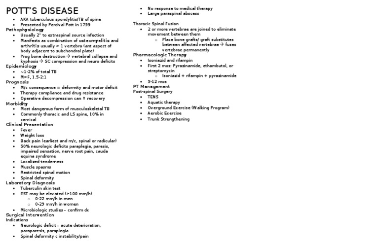 Pott's Disease Treatment and Management PDF Vertebral Column