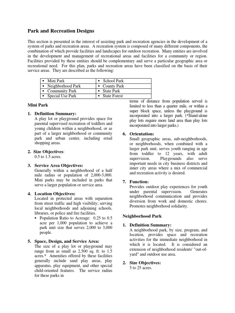 Types of Parks and Recreation Design | PDF | Trail | Parks