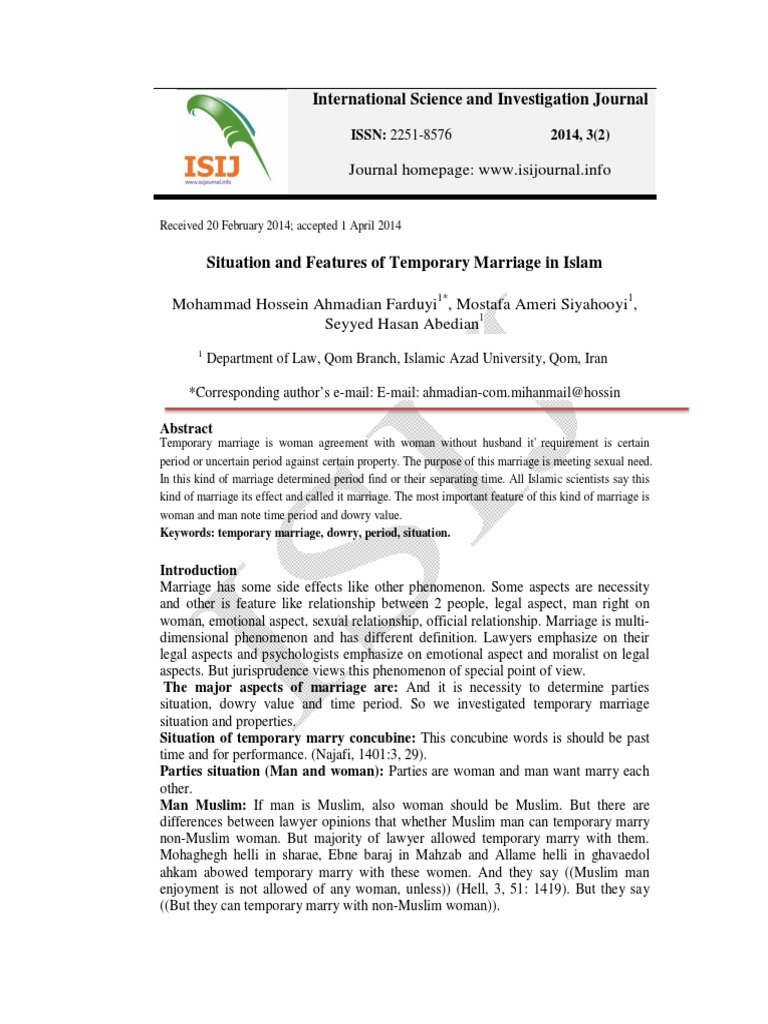 Situation and Features of Temporary Marriage in Islam | PDF | Marriage ...