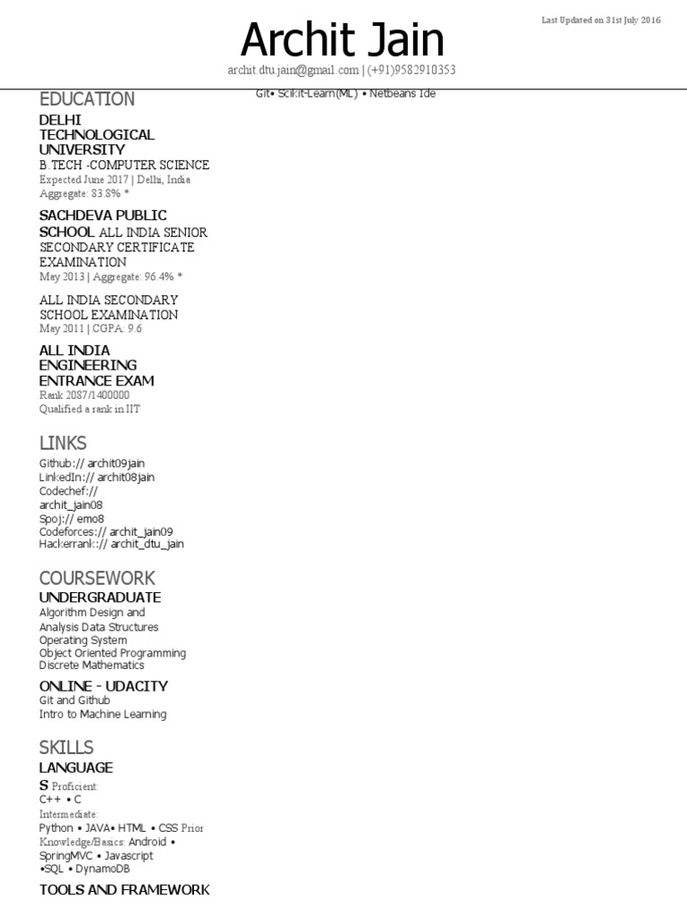 Archit Jain: B.Tech Computer Science CV | PDF | Computer Programming ...