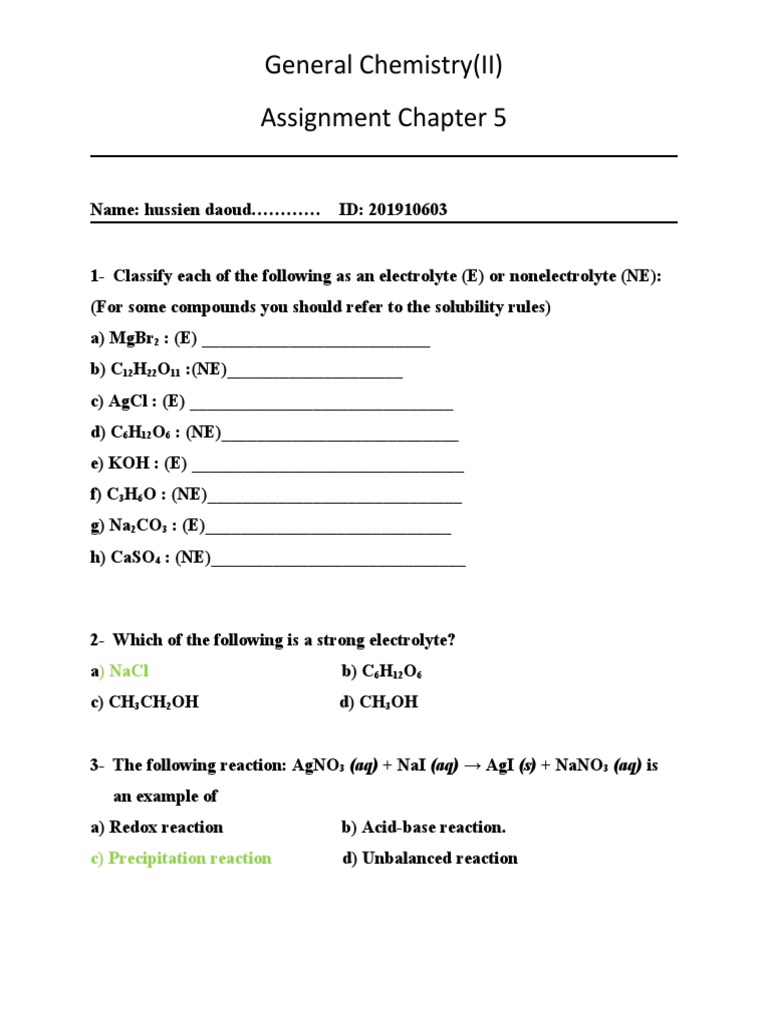 Classification of Electrolytes and Nonelectrolytes, Types of Chemical