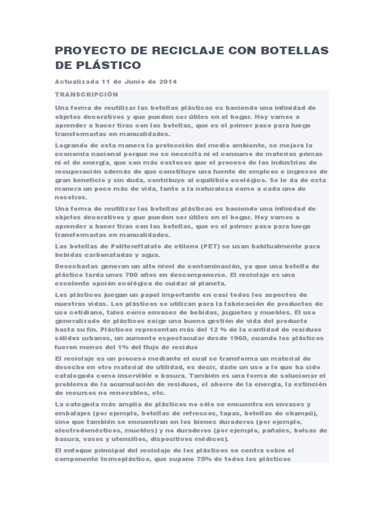 Proyecto de Reciclaje de Botellas Plásticas | PDF | El plastico | Reciclaje