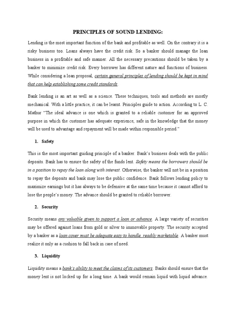 Principles of Sound Lending PDF Banks Loans