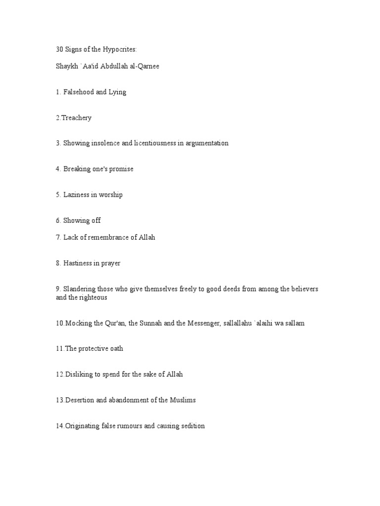 30 Signs of The Hypocrites | PDF