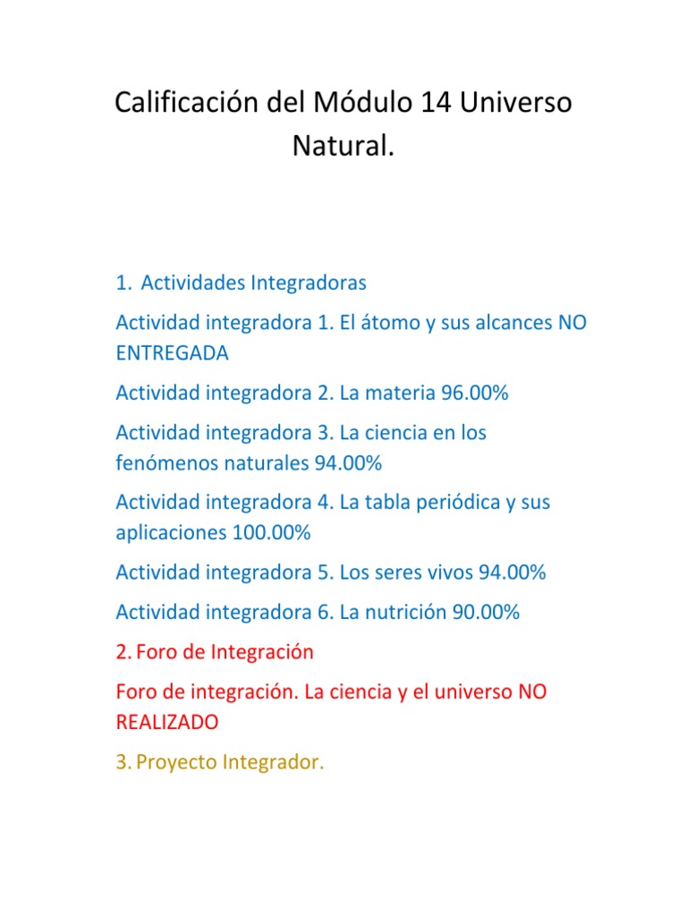 Calificaciones Módulo 14: Universo Natural | PDF | Informática