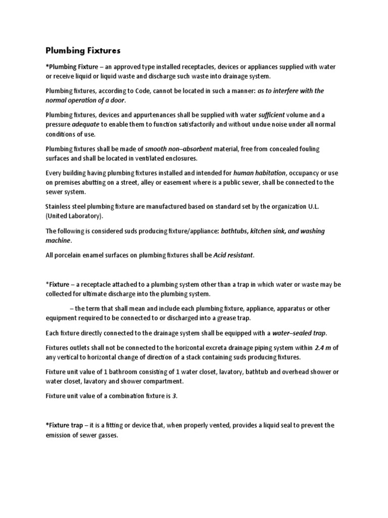 Plumbing Fixtures Plumbing Fixture An Approved Type Installed