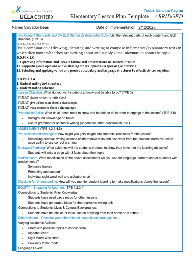 Elementary Lesson Plan Template - ABRIDGED | PDF | Education Theory ...