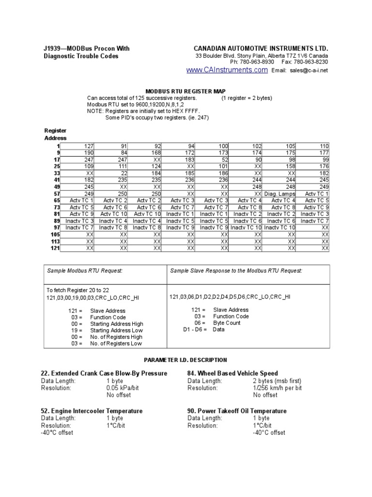J1939Modbus Procon With Diagnostic Trouble Codes Canadian Automotive Instruments LTD PDF