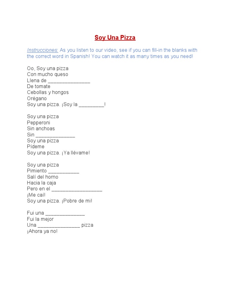 Canción Infantil Soy Una Pizza en Español PDF