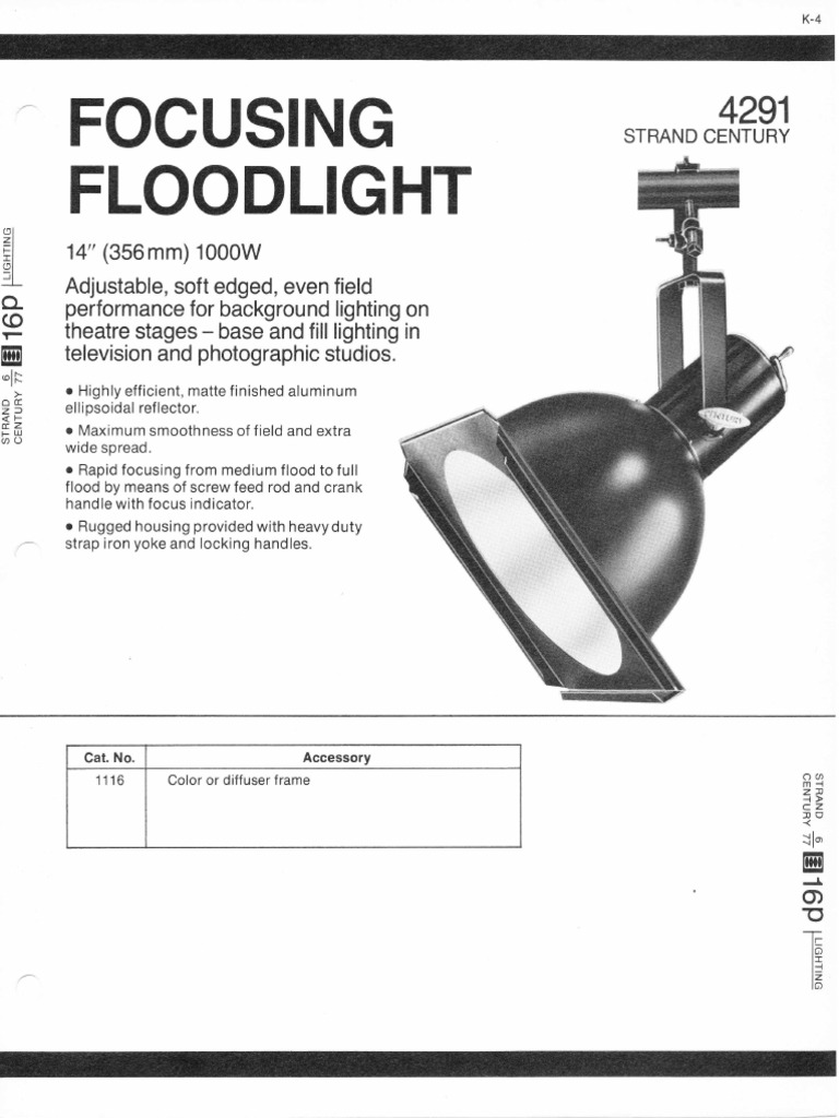 Strand Century Lighting 4291 14Inch Focusing Scoop Floodlight Spec Sheet 677 PDF Light