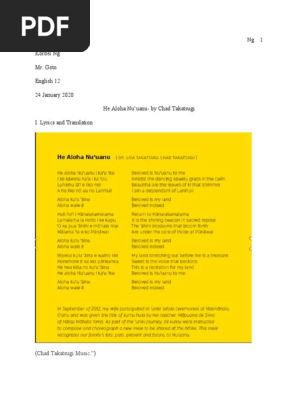 Ng Kordel Ng Mr Goto English 12 24 January 2020 He Aloha Nu Uanu By Chad Takatsugi I Lyrics And Translation 1 Hawaii Honolulu He aloha melehe aloha mele. scribd