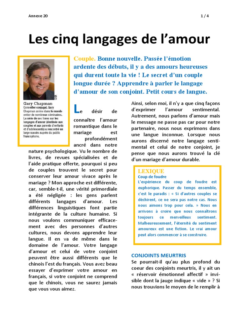 Les 5 Langages De L amour Test Pdf 04 Antony - Les Languages de L Amour - Gary Chapman | PDF | Amour | Concept  de psychologie