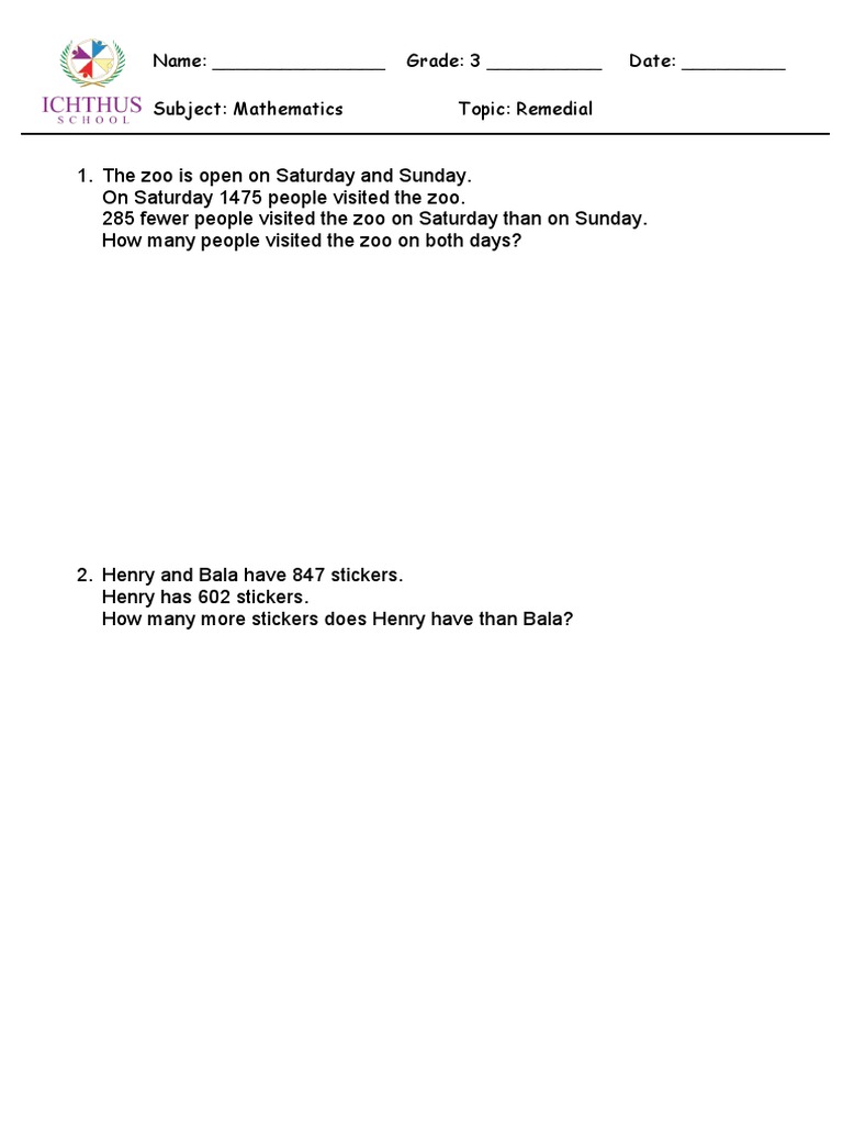 Name: - Grade: 3 - Date: - Subject: Mathematics Topic: Remedial | PDF
