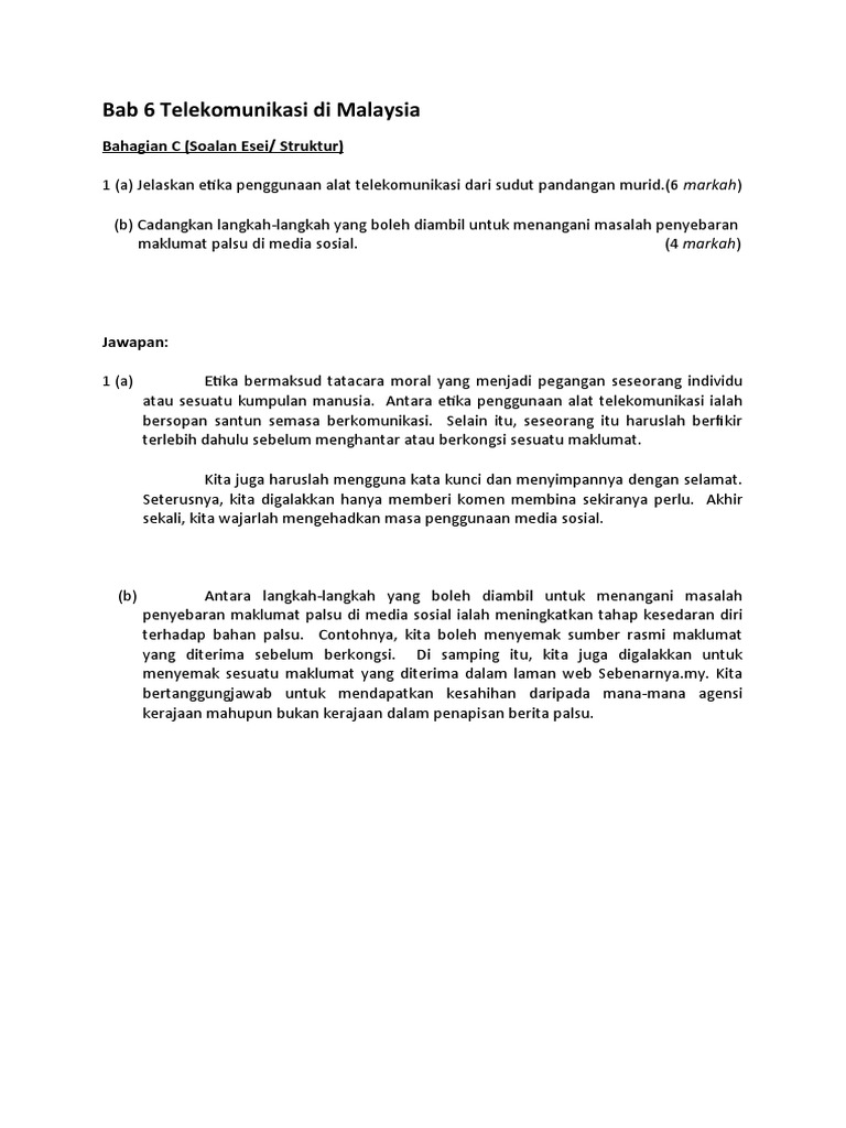 Latihan Esei Bab 6 Telekomunikasi Di Malaysia  PDF