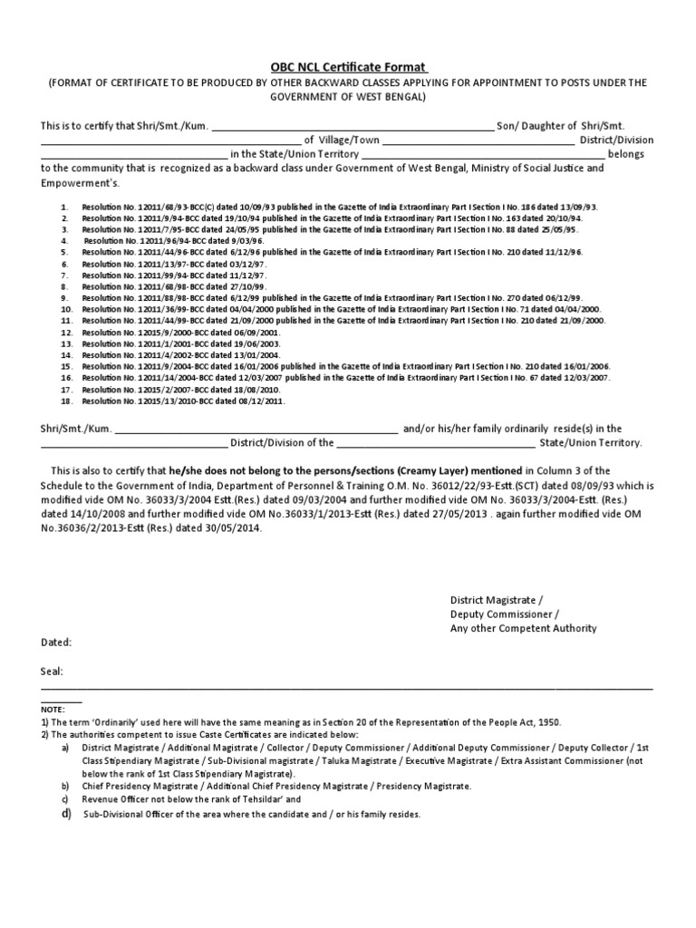 OBC NCL Certificate Format for West Bengal | PDF | Government Of India ...