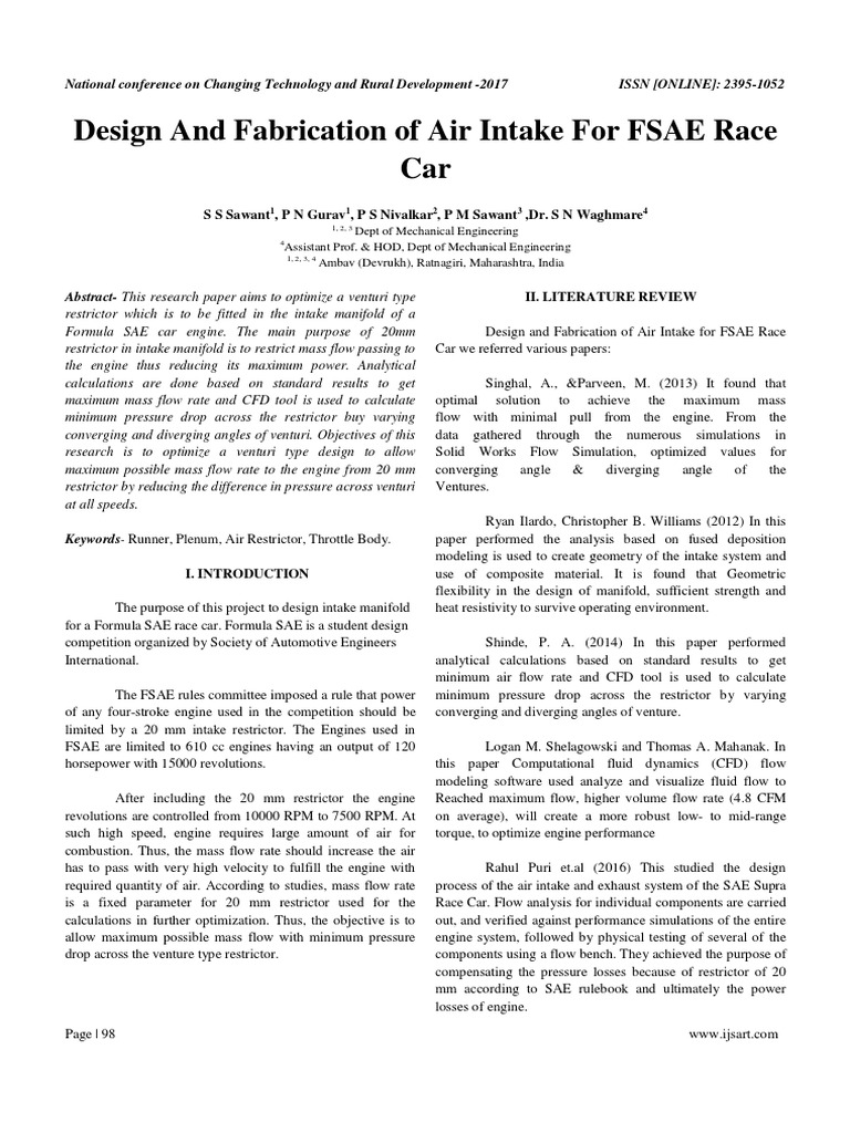 Design and Fabrication of Air Intake For FSAE Race Car PDF Fluid