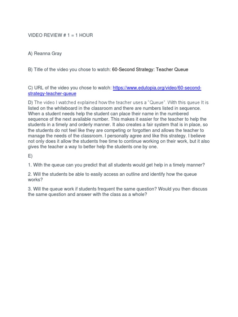 Classroom Queue Strategy Overview | PDF | Educational Assessment | Teachers