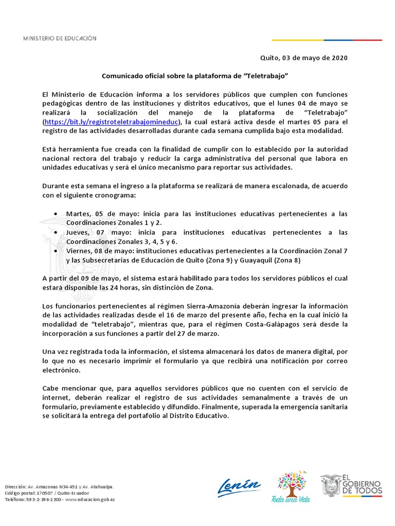 Comunicado Oficial Sobre La Plataforma De Teletrabajo Pdf