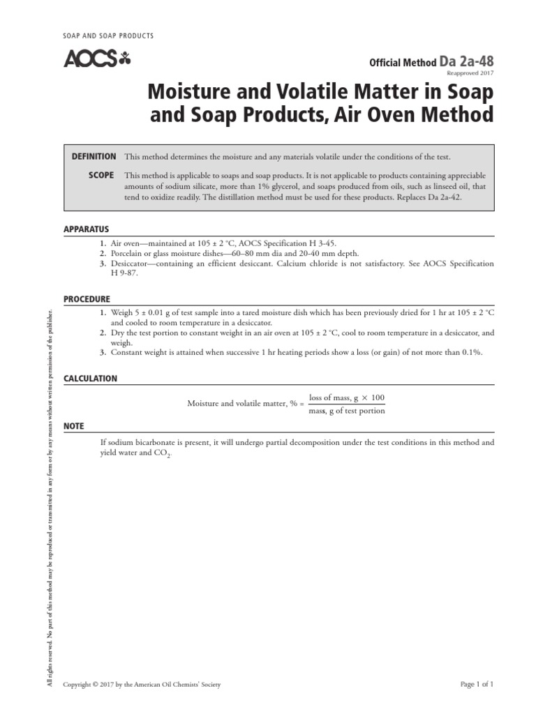 AOCS-Da2a - 48 Moisture and Volatile Matter in Soap and Soap Products ...