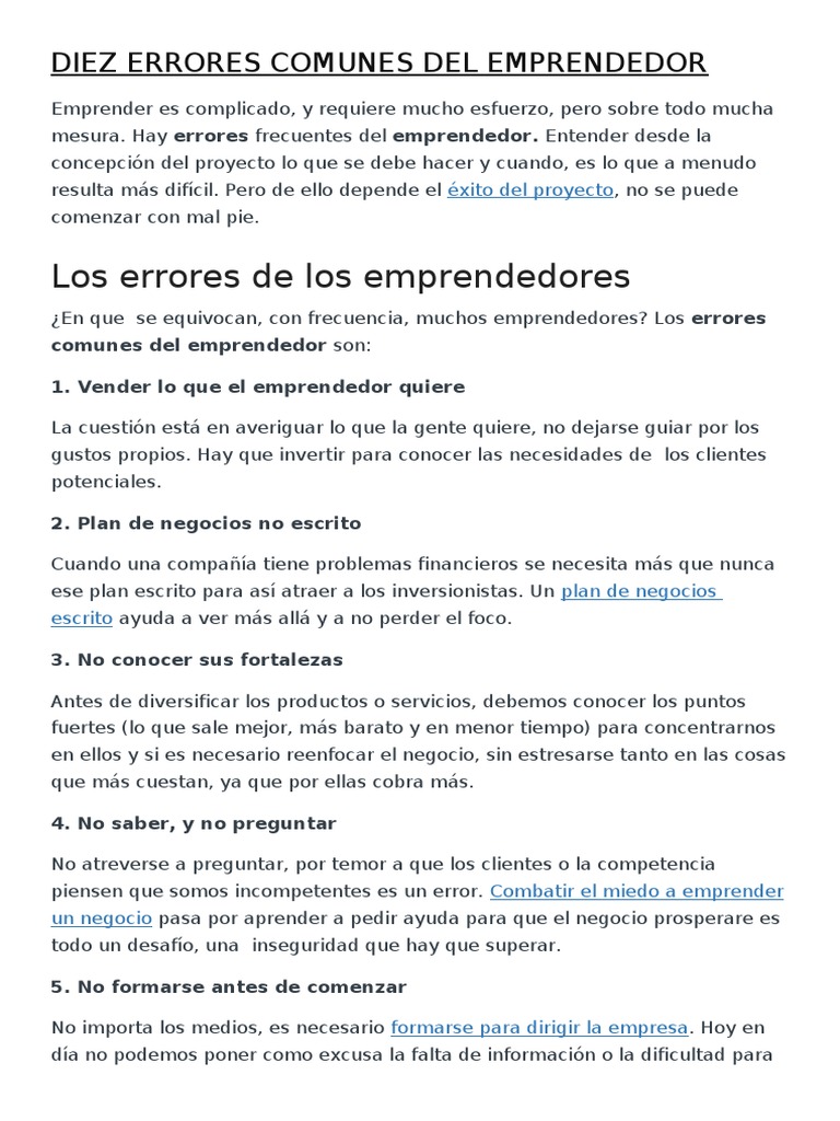 Diez Errores Comunes del Emprendedor | PDF | Iniciativa empresarial ...