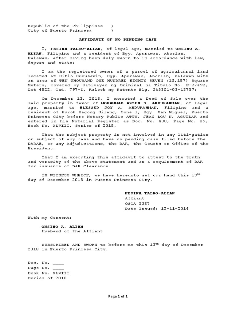 Affidavit of No Pending Case - Philippines | PDF | Law