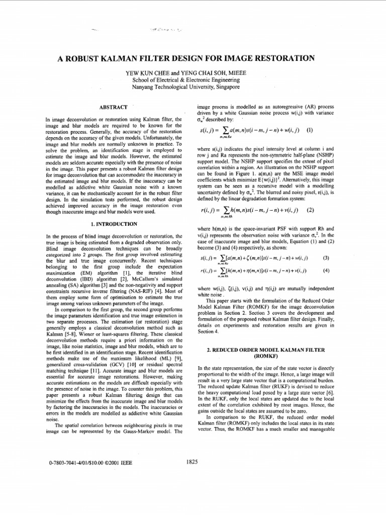 Robust Kalman Filter for Image Restoration | PDF | Kalman Filter ...