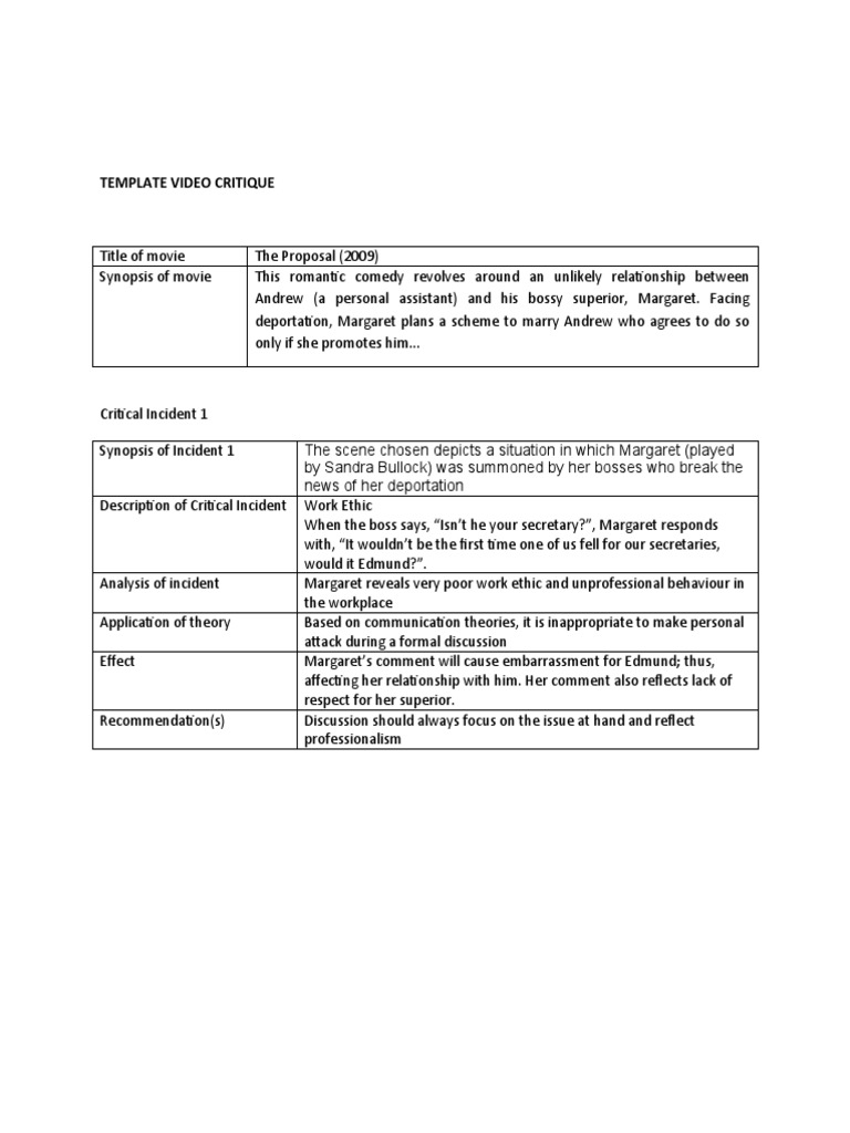 Video Critique Template: The Proposal | PDF