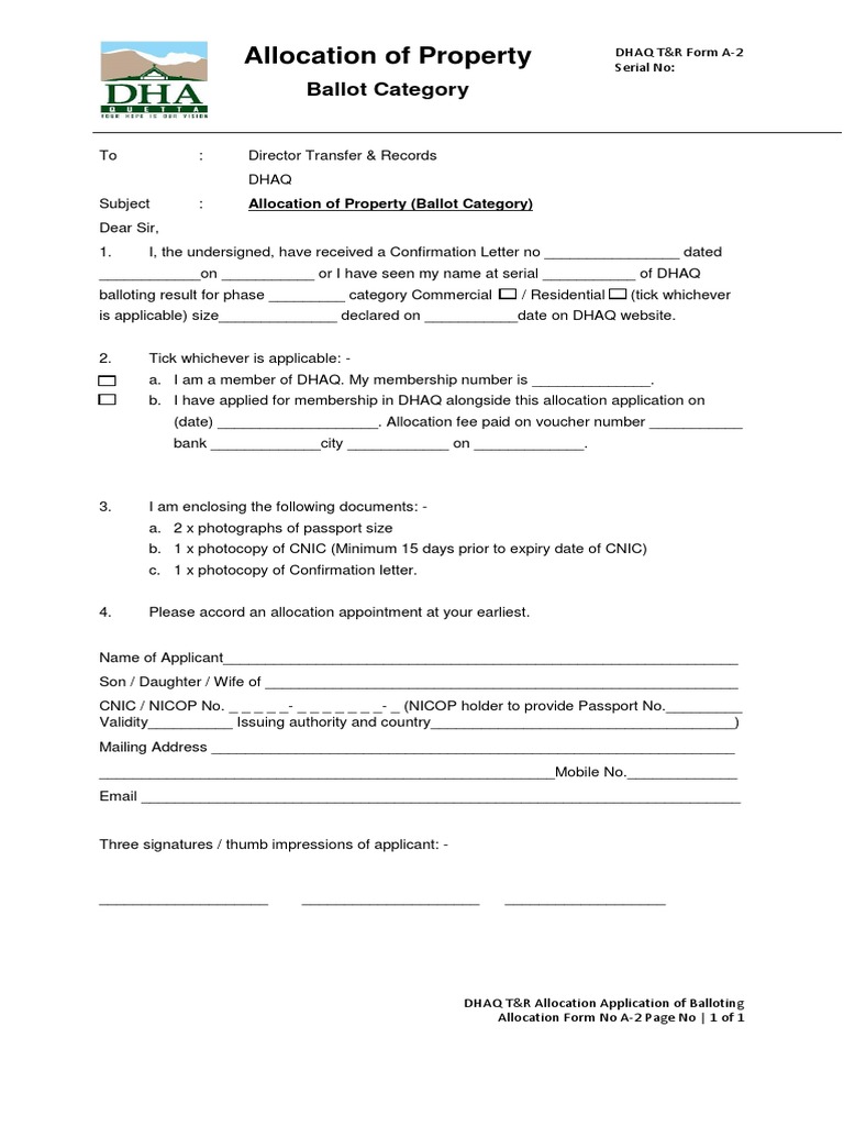 A-2 Allocation Balloting of Property Form 1-03-2019 | PDF | Finance ...