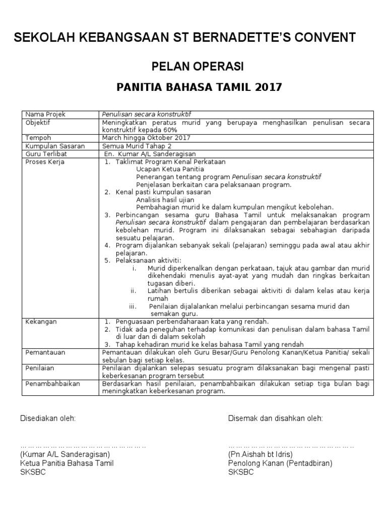 Pelan Operasi Panitia Bahasa Tamil Ltst 3 Pdf