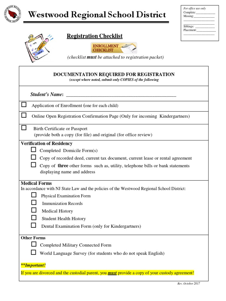 Westwood School Registration Checklist | PDF