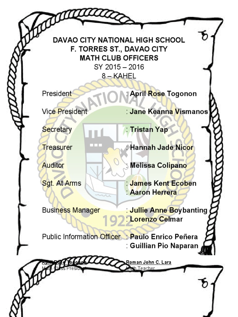 Davao City National High School F. Torres ST., Davao City Math Club ...