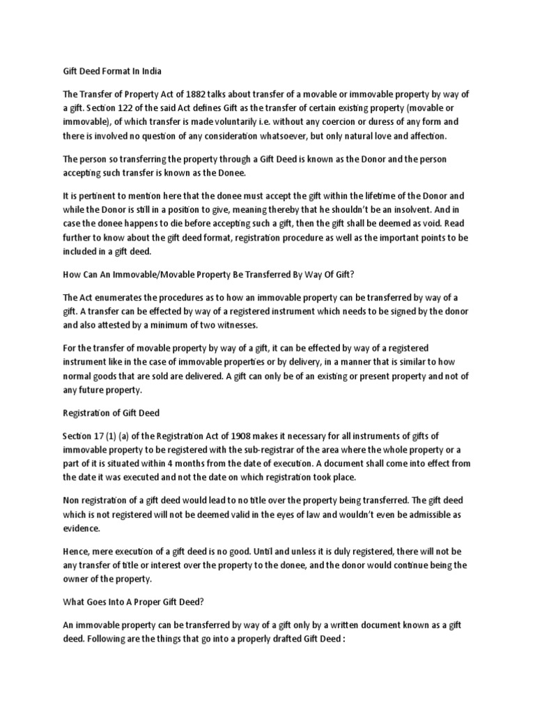 Gift Deed Format in India PDF Deed Property