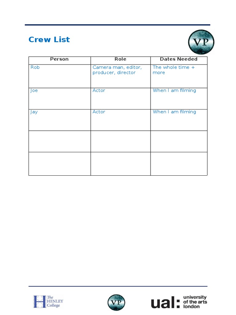 Film Crew and Actor Availability List | PDF