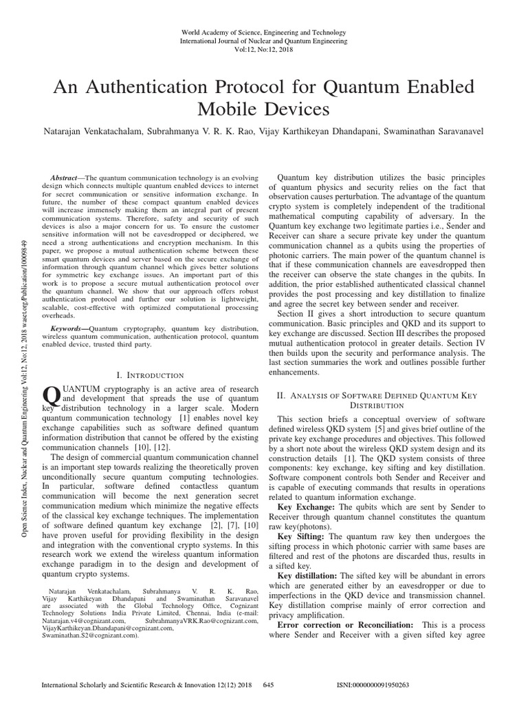 An Authentication Protocol For Quantum Enabled Mobile Devices | PDF ...