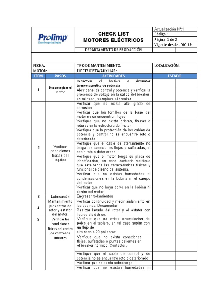 Checklist de Mantenimiento de Motores Eléctricos | PDF | Equipo ...