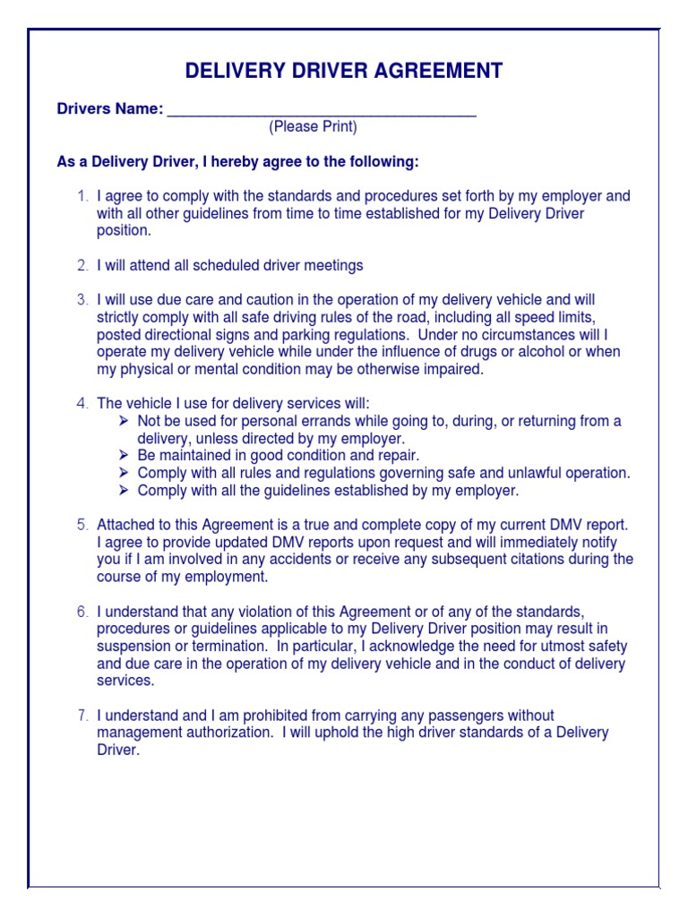 Delivery Driver Agreement Sample 1 Vehicle Insurance Liability Insurance