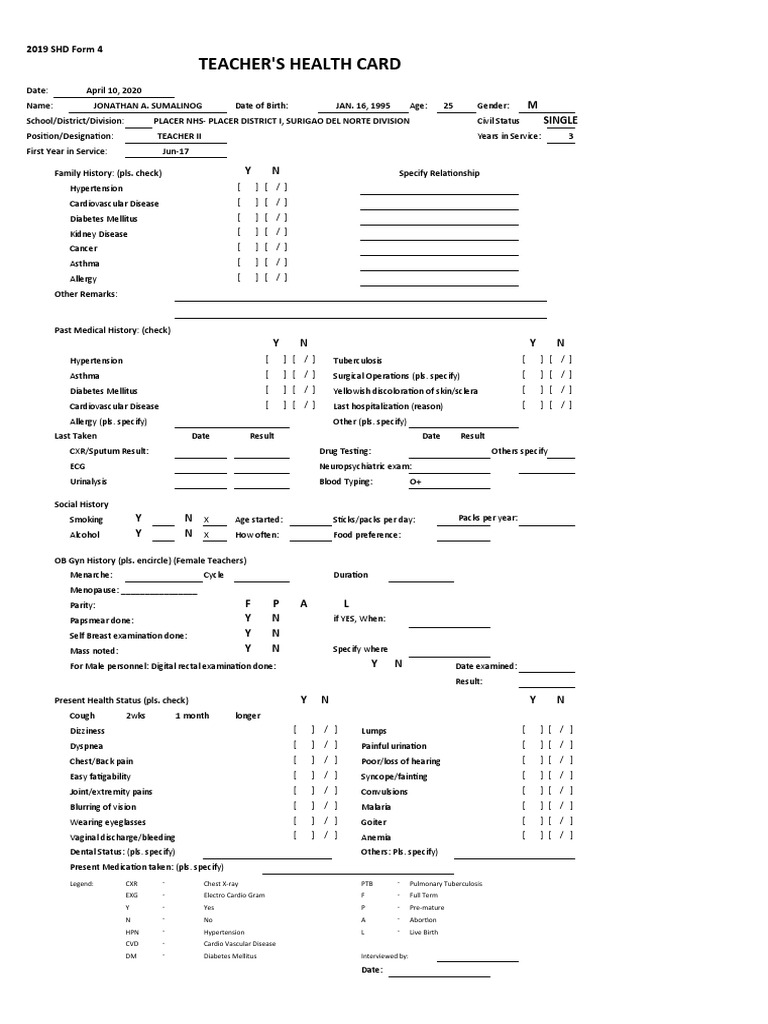 Teacher'S Health Card M Single PDF Dentures Medical Specialties