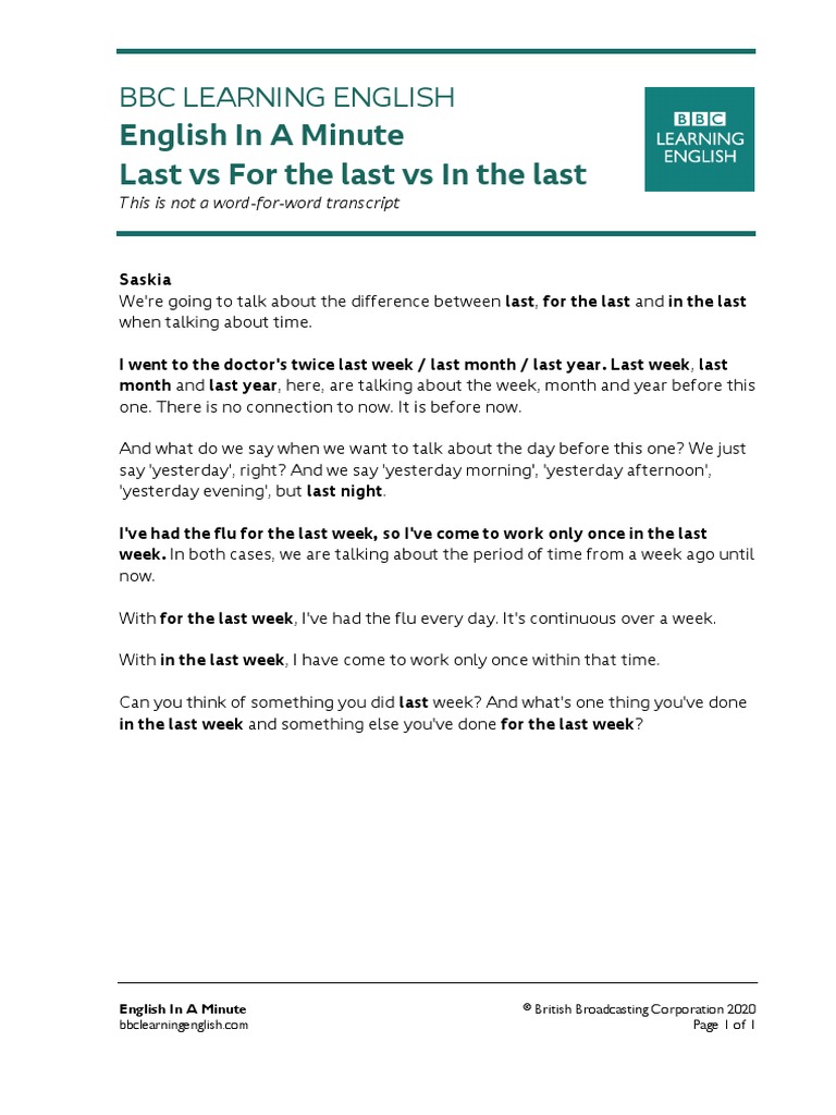 English in A Minute Last Vs For The Last Vs in The Last | PDF