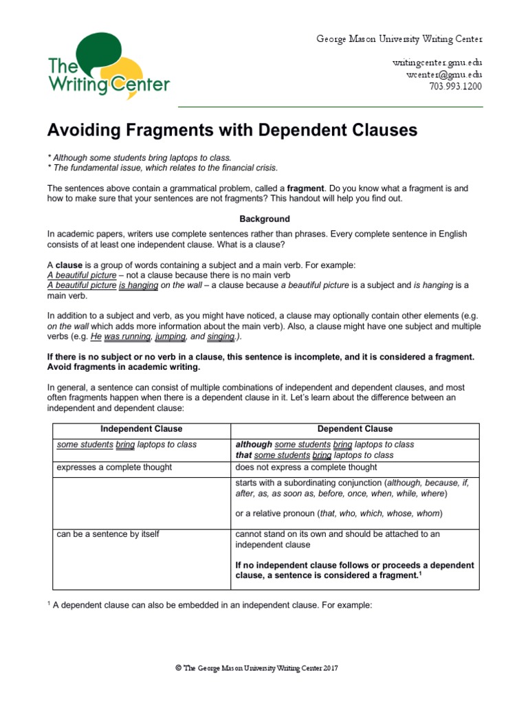 Writing Center: Avoiding Fragments With Dependent Clauses | PDF ...