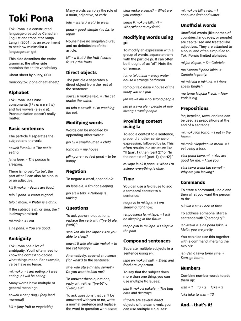 Toki Pona Language Overview and Guide | PDF | Linguistics | Semiotics