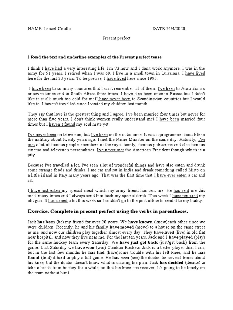 Present Perfect Tense Exercises | PDF | Grammar | Language Mechanics