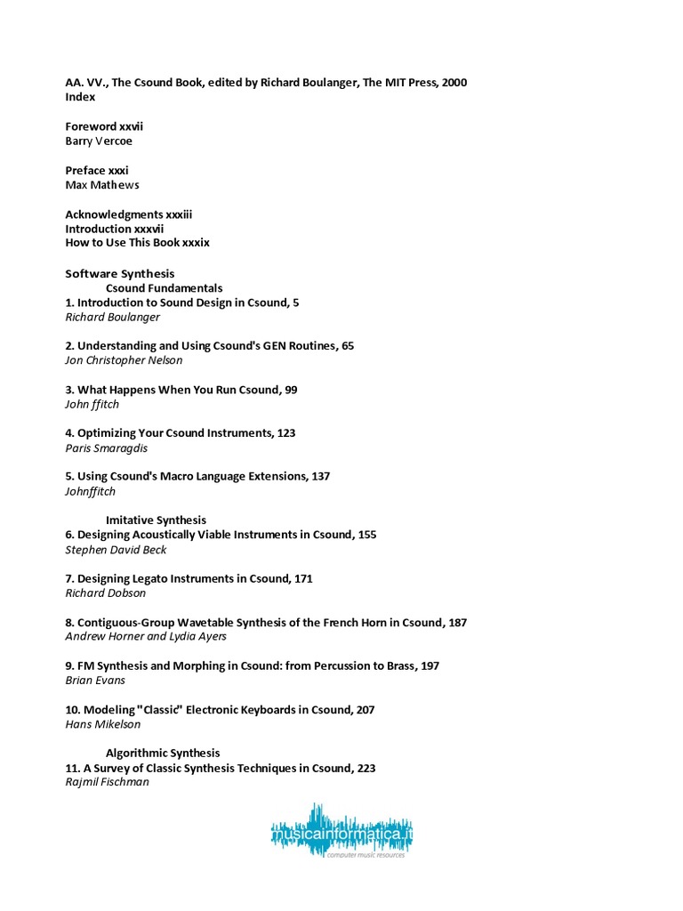 The Csound Book Indice PDF Synthesizer Signal Processing