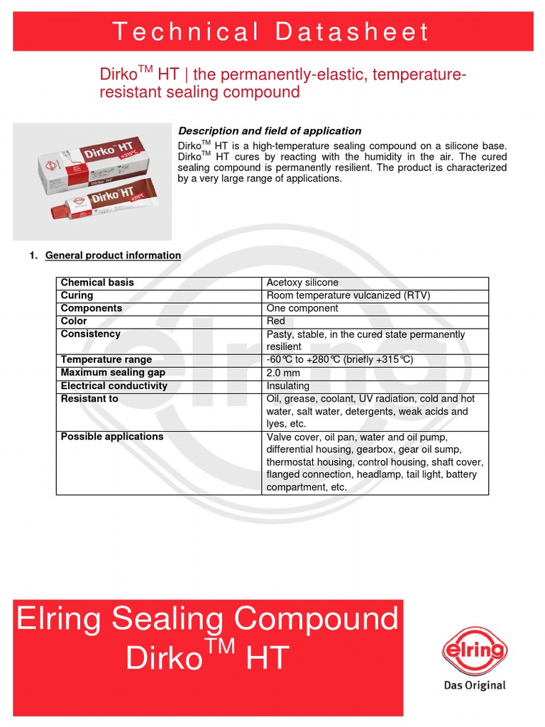 Elring Sealing Compound Dirko HT: Technical Datasheet, PDF, Silicone