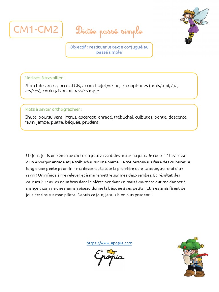 Dictée 5ème Imparfait Passé Simple Dictee Passe Simple cm1 cm2 | PDF