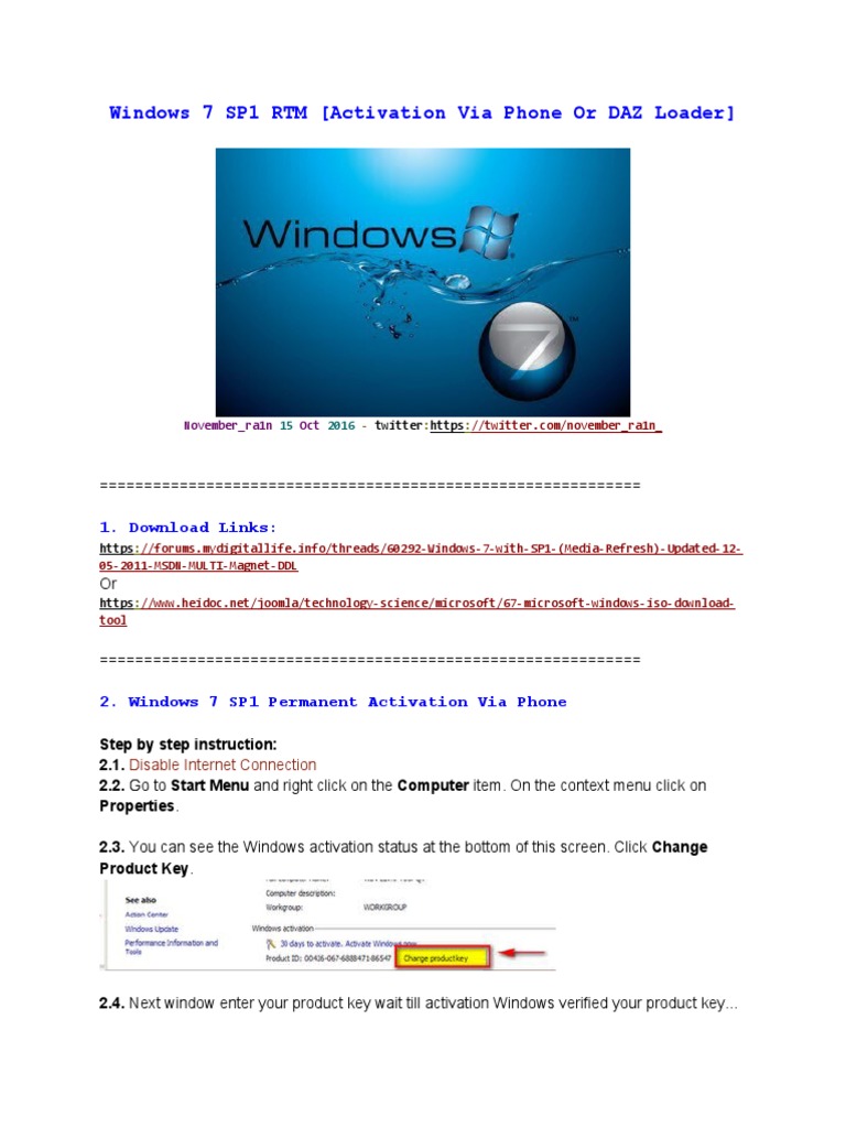 Windows 7 SP1 RTM (Activation Via Phone or DAZ Loader) | PDF | Microsoft  Windows | Windows 7