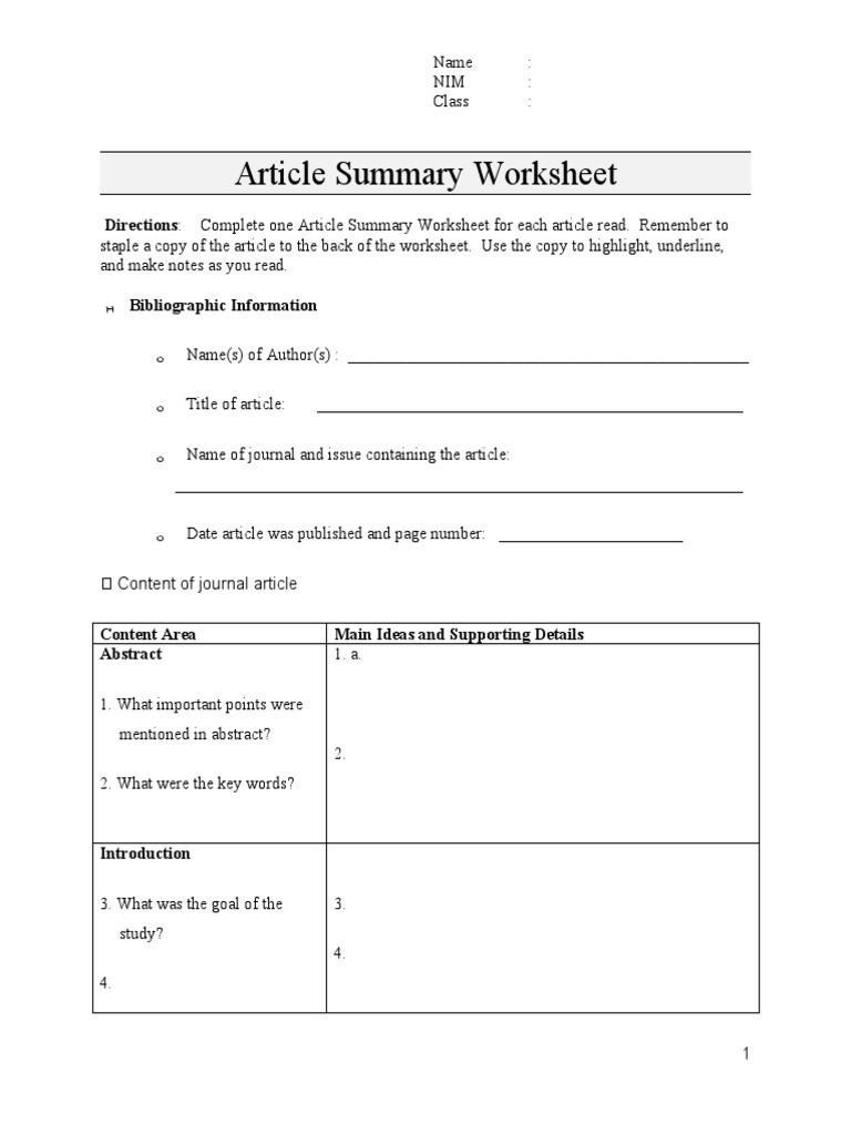 Article Summary Worksheet Template | PDF
