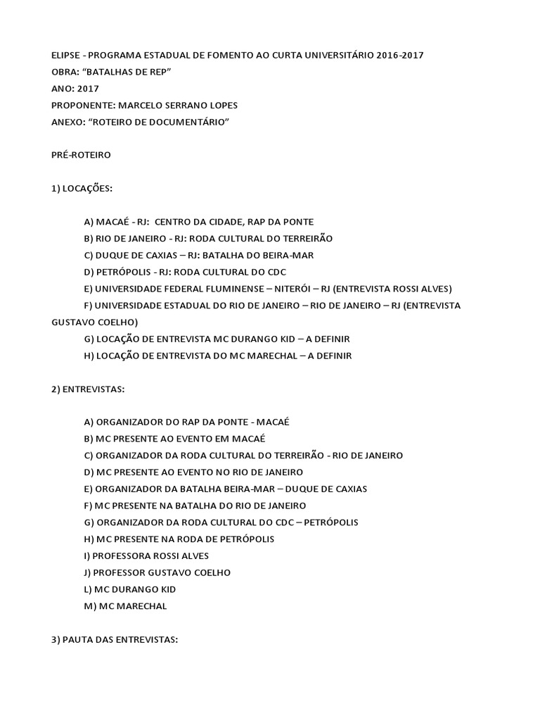 Roteiro Do Filme Documentário Curta Metragem Ritmo E Poesia A Roda E